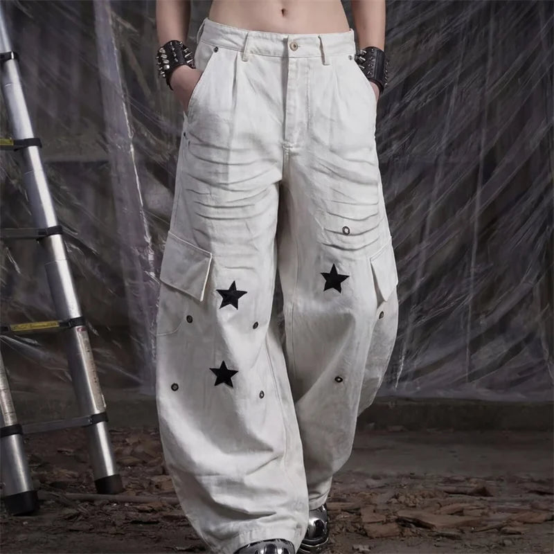 Y2K Star Graphic Print Distressed Cargo Denim Jeans