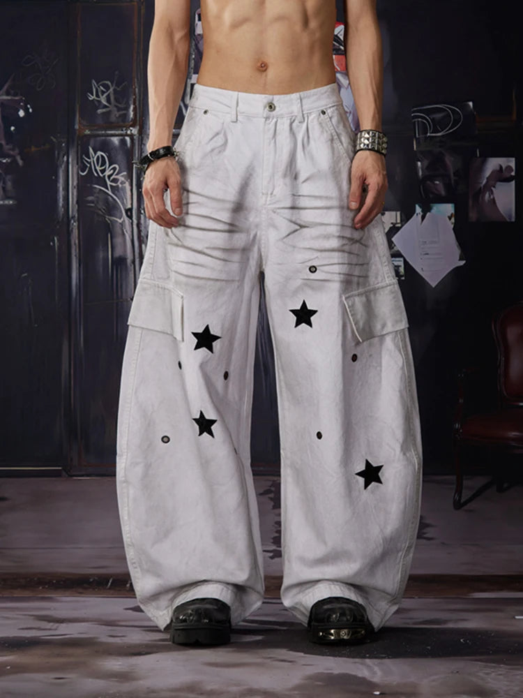 Y2K Star Graphic Print Distressed Cargo Denim Jeans