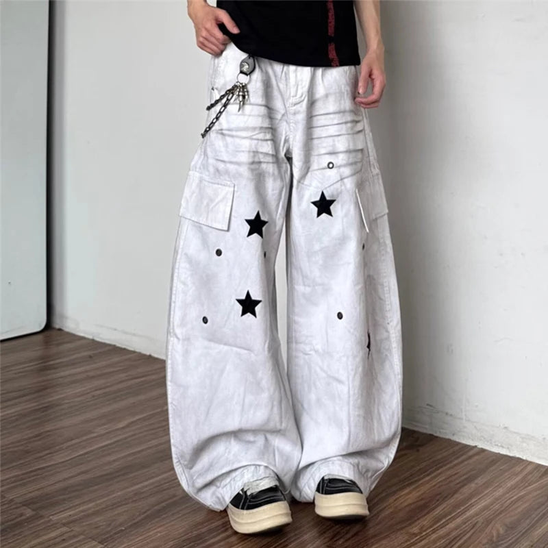 Y2K Star Graphic Print Distressed Cargo Denim Jeans
