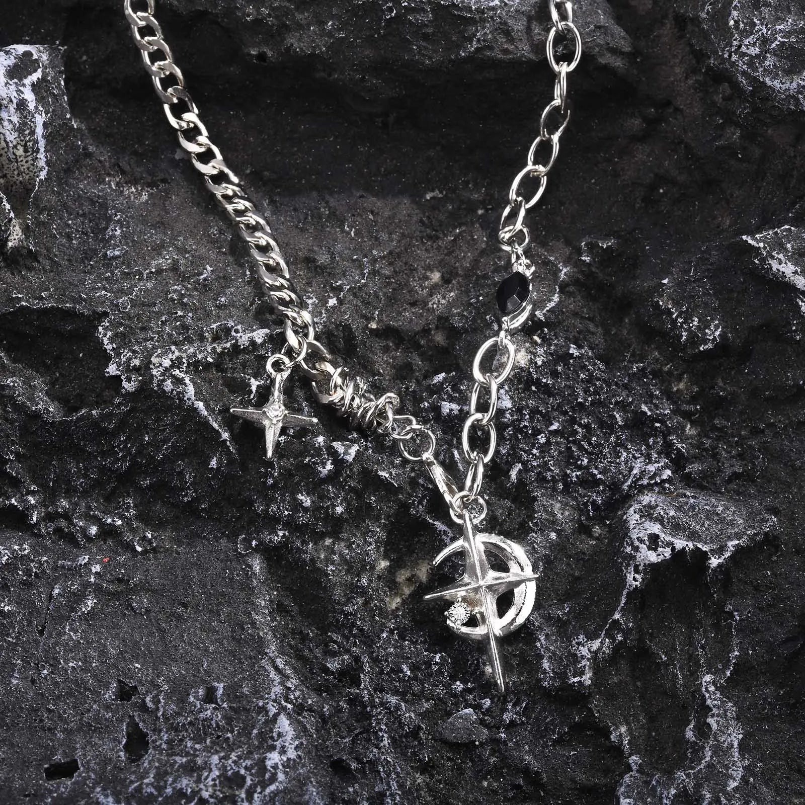 Y2K Star Moon Inlay Gem Pendant Necklace