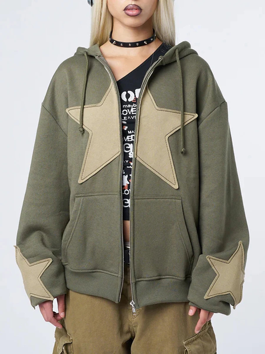 0*5様 Star Design Hoodie y2k ERL archive Kelabia Aesthetic Y2K Zip Up Hoodie Vintage Star Patchwork