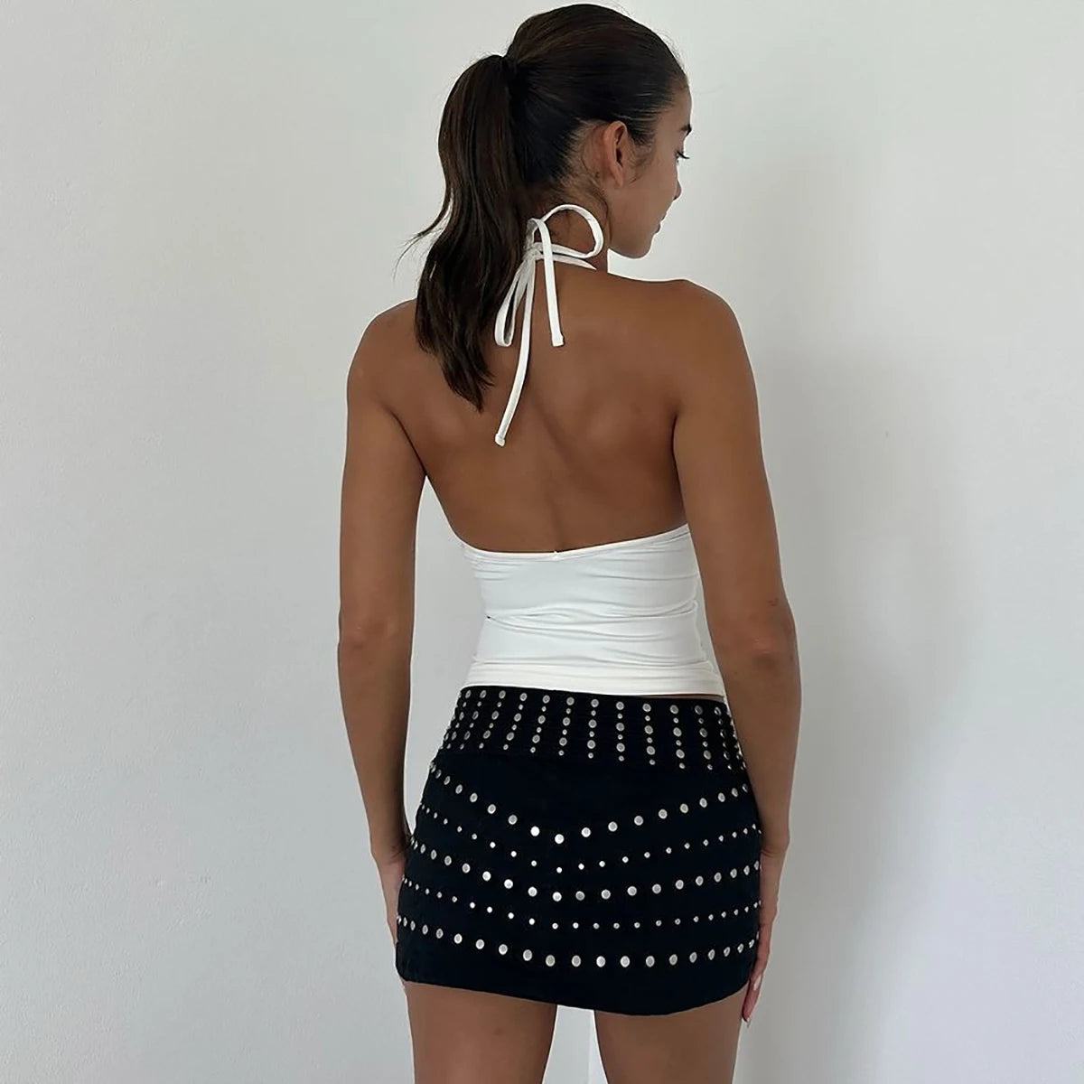 Y2K Stoned Heart White Backless Halter Top