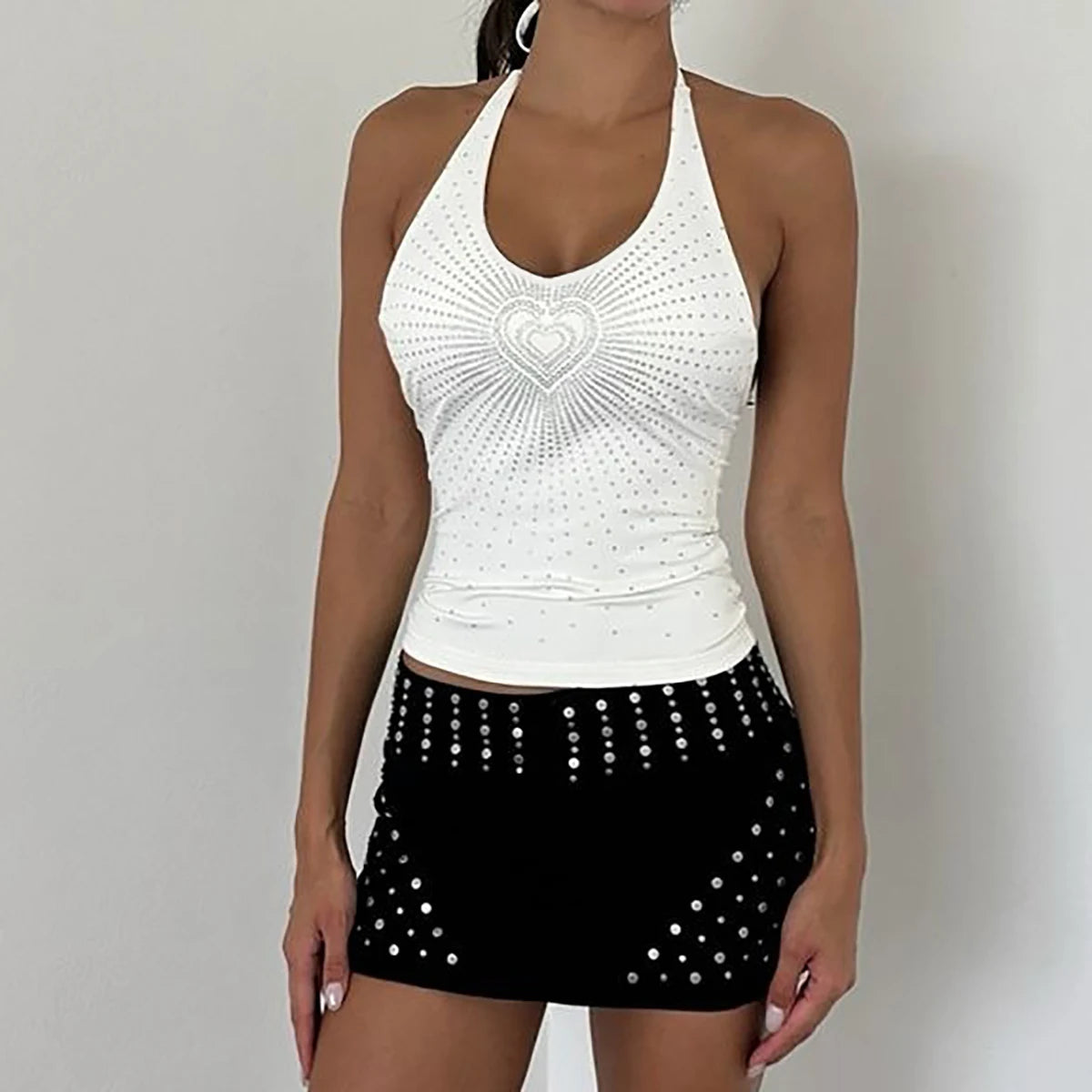Y2K Stoned Heart White Backless Halter Top