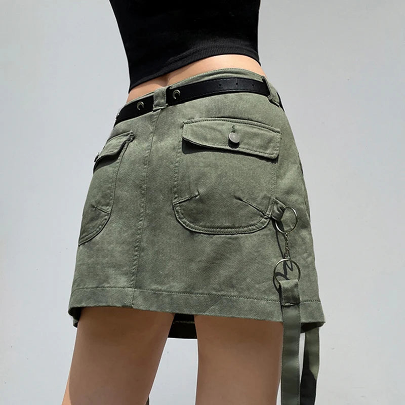 Y2K Strappy Green Cargo Mini Skirt