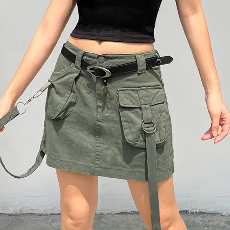 Y2K Strappy Green Cargo Mini Skirt