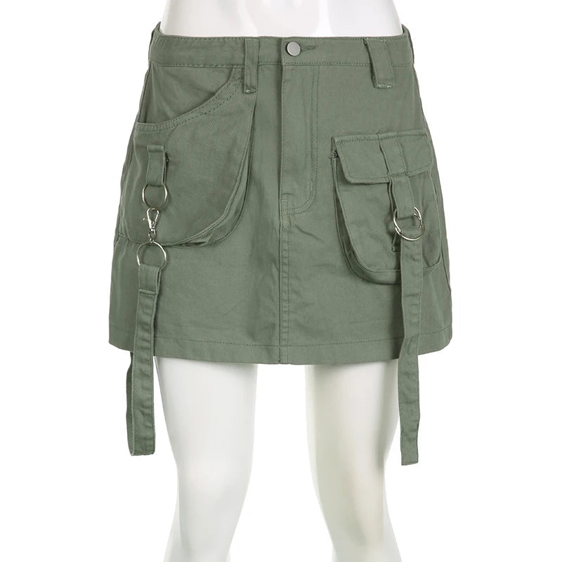 Y2K Strappy Green Cargo Mini Skirt