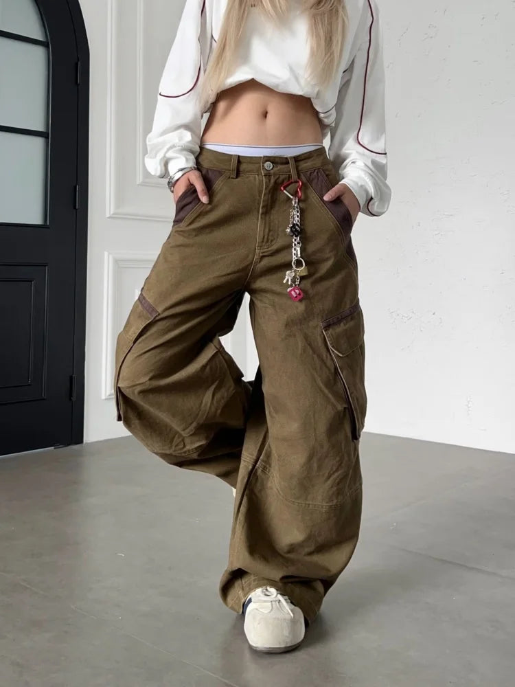 Y2K Streetwear Patchwork Baggy Barrel Low Waist Cargo Jeans