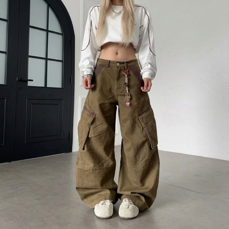 Y2K Streetwear Patchwork Baggy Barrel Low Waist Cargo Jeans