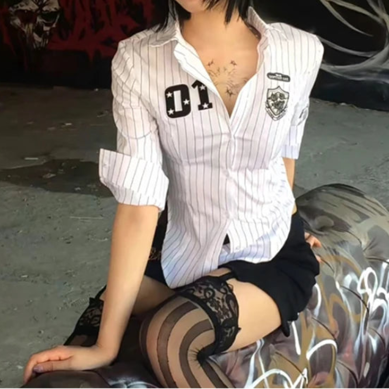 Y2K Striped Crest Three Quarter Print Aesthetic Shirt
