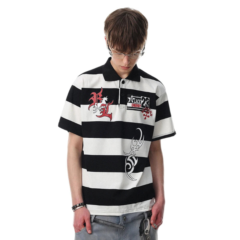 Y2K Striped Graphic Short Sleeve Polo Shirt
