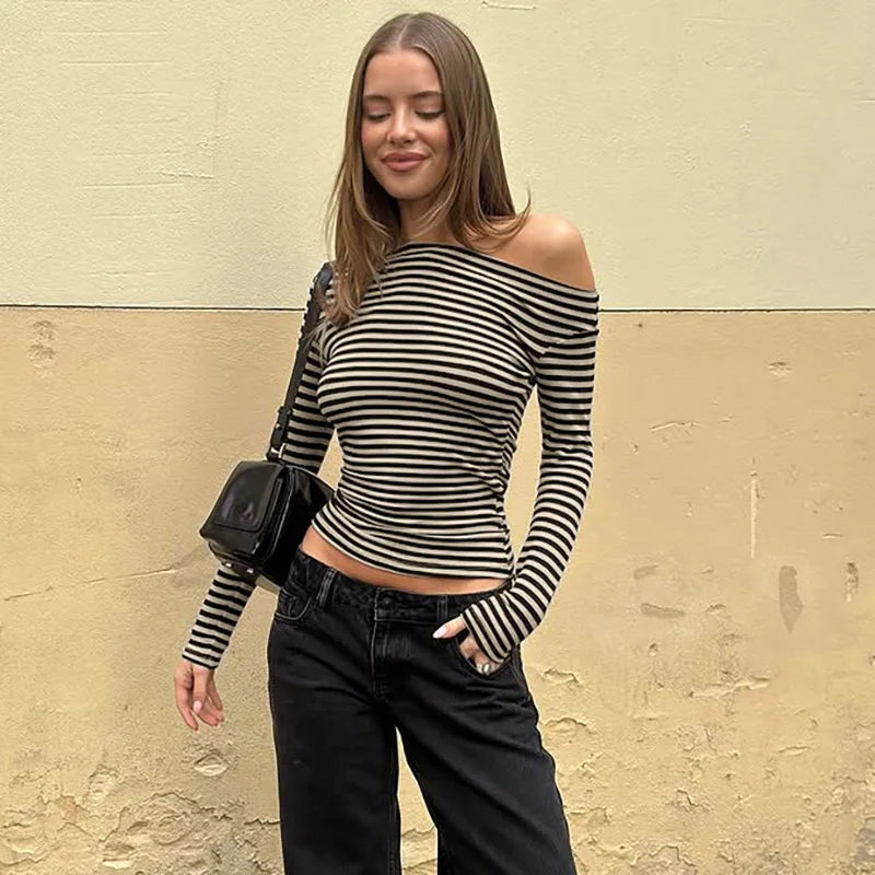 Y2K Striped Oblique Off Shoulder Long Sleeve Top