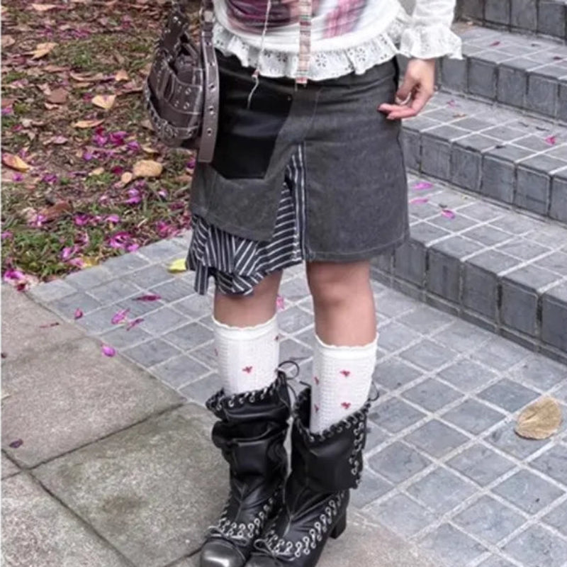Y2K Striped Patchwork Asymmetrical Denim Mini Skirt