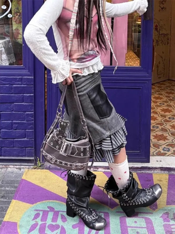 Y2K Striped Patchwork Asymmetrical Denim Mini Skirt