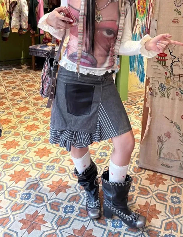 Y2K Striped Patchwork Asymmetrical Denim Mini Skirt