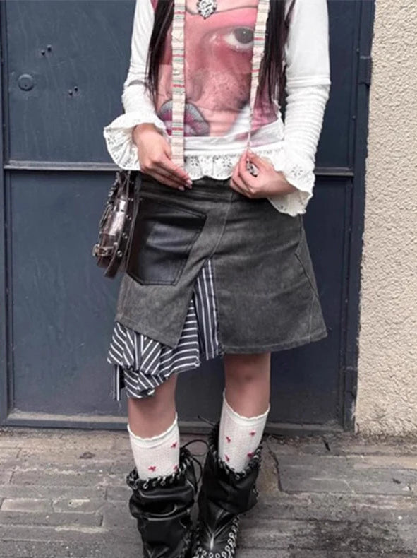Y2K Striped Patchwork Asymmetrical Denim Mini Skirt