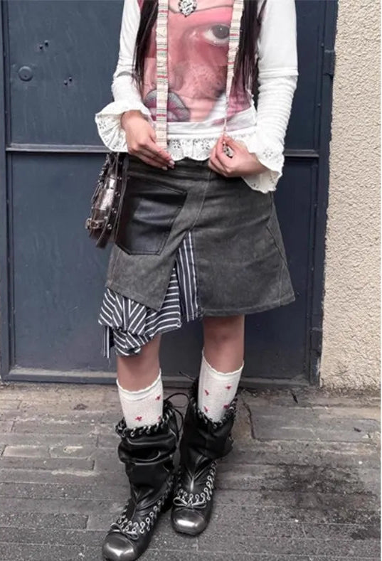 Y2K Striped Patchwork Asymmetrical Denim Mini Skirt