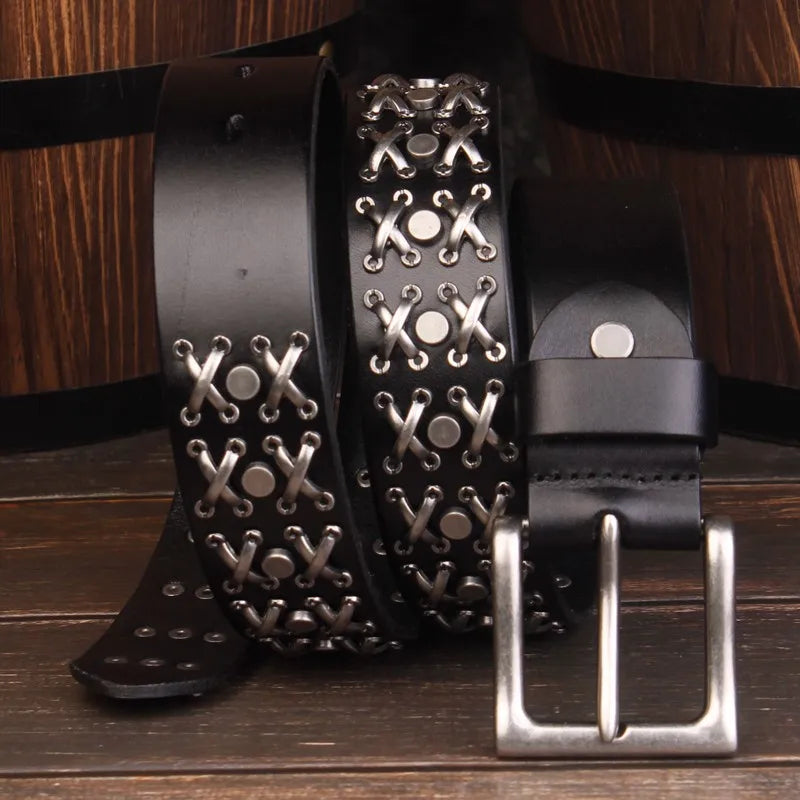 Y2K Studded Cross Stitch Rivet Genuine Leather Belt