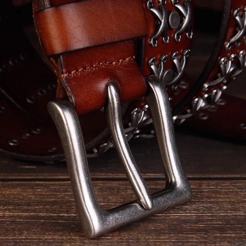 Y2K Studded Cross Stitch Rivet Genuine Leather Belt