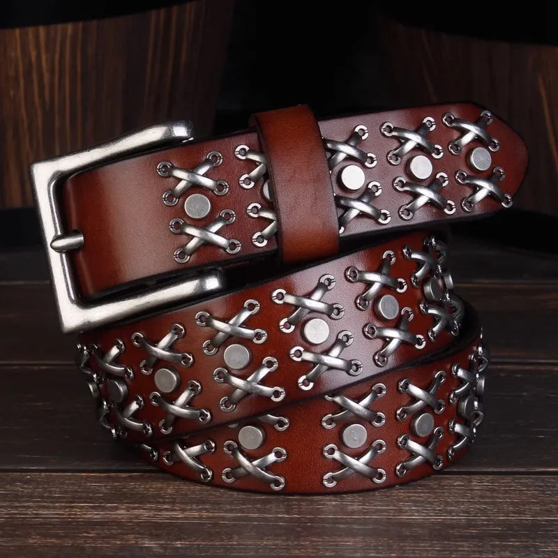 Y2K Studded Cross Stitch Rivet Genuine Leather Belt