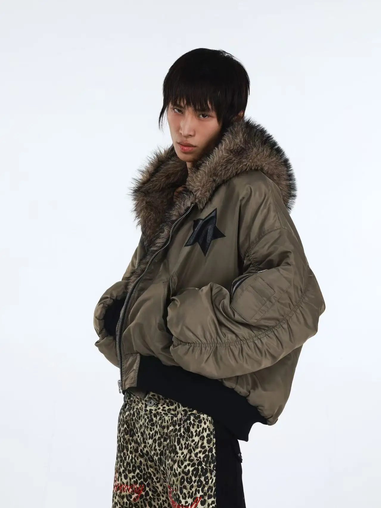 Y2K "THE STAR" Faux Fur Lined Bomber Jacket