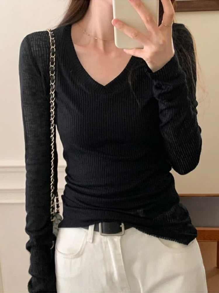 Y2K Thin Long Sleeve Low Cut Top