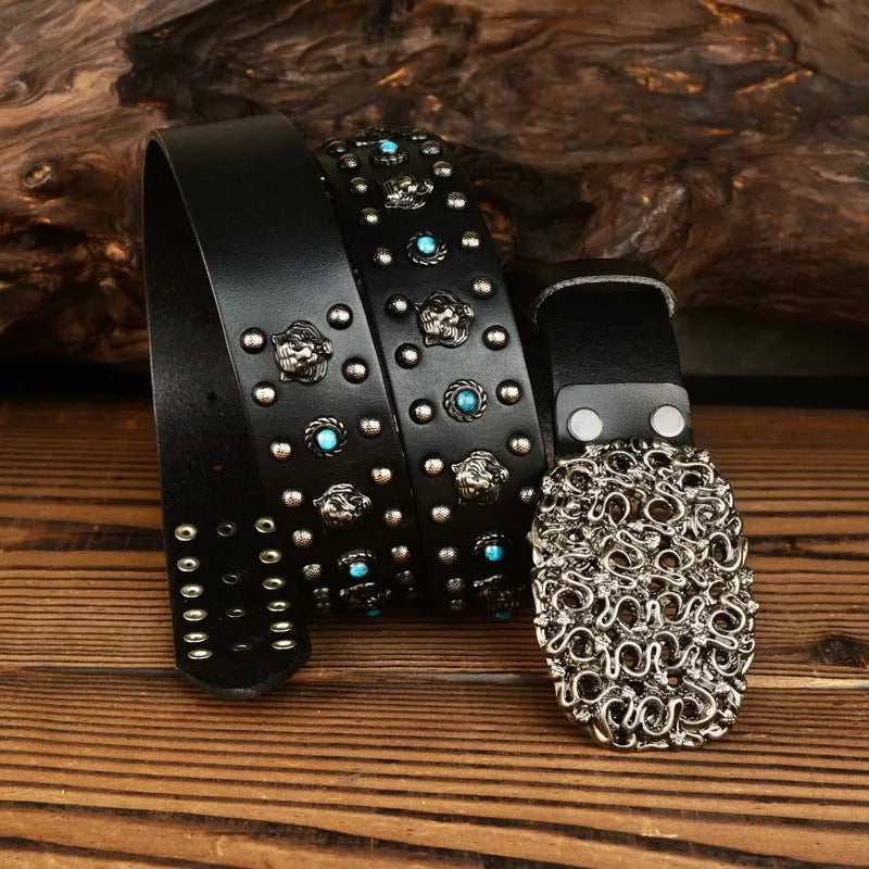 Y2K Tiger Locomotive Blue Stud Genuine Leather Belt