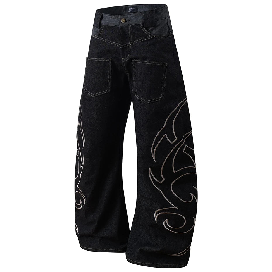 Y2K Tribal Embroidered Baggy Wide Leg Jeans