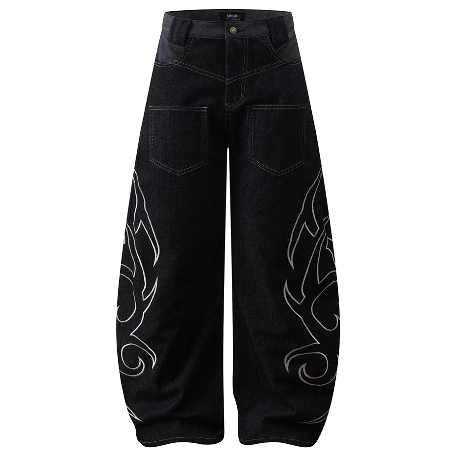 Y2K Tribal Embroidered Baggy Wide Leg Jeans