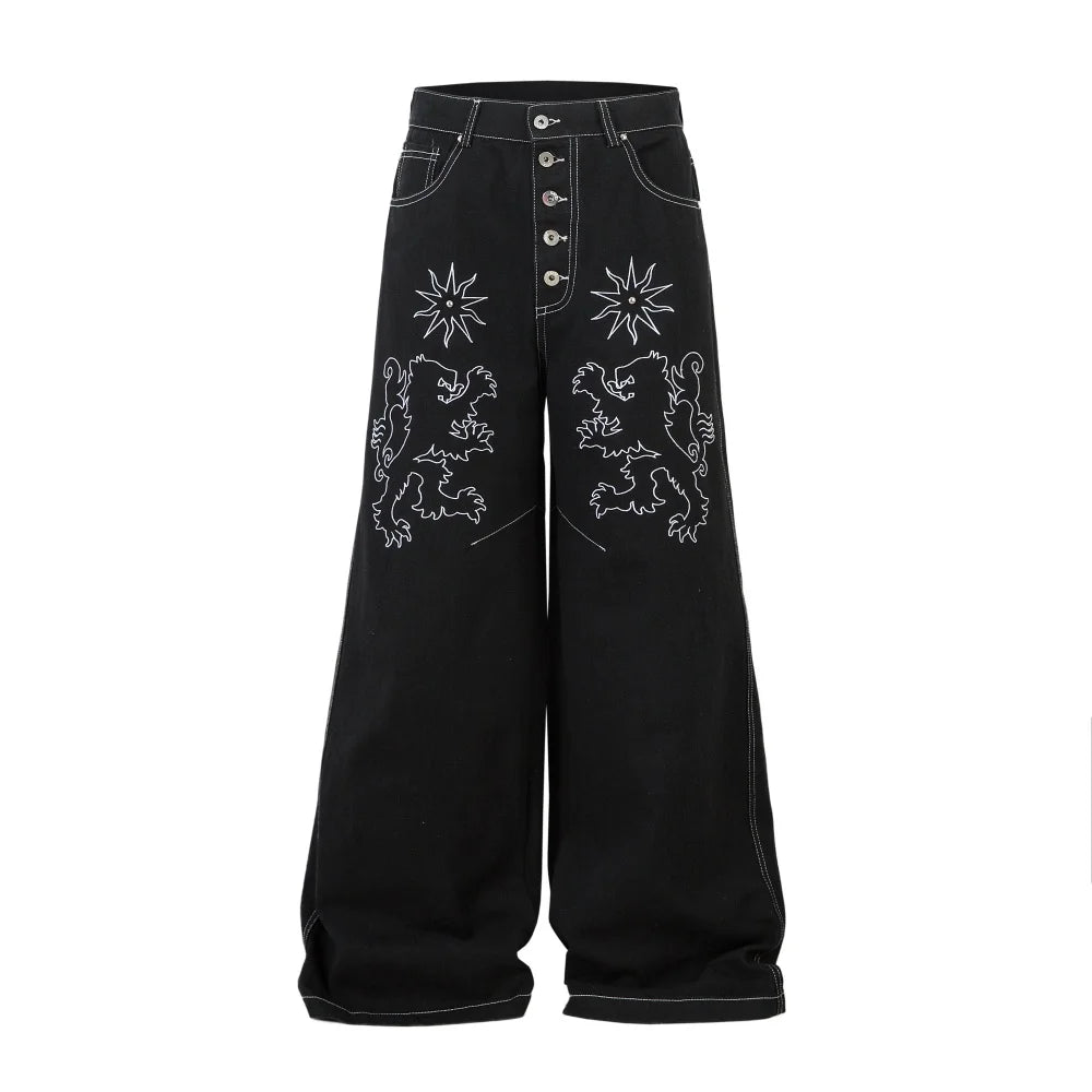 Y2K Two Lions Embroidered Graphic Denim Jeans