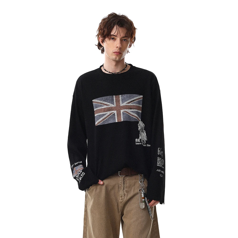Y2K Union Jack Retro Waffle Texture Long Sleeve Top