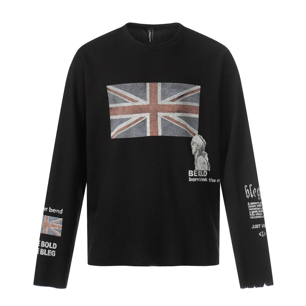 Y2K Union Jack Retro Waffle Texture Long Sleeve Top