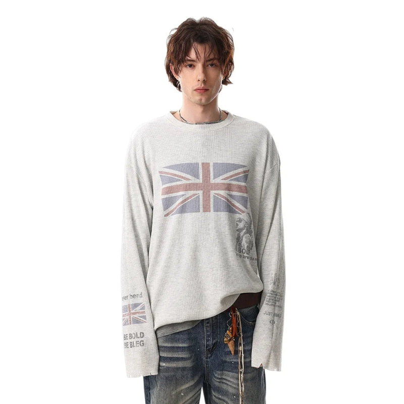 Y2K Union Jack Retro Waffle Texture Long Sleeve Top
