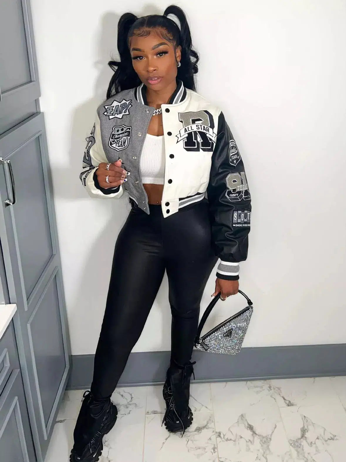 Y2K Varsity Button Bomber Jacket