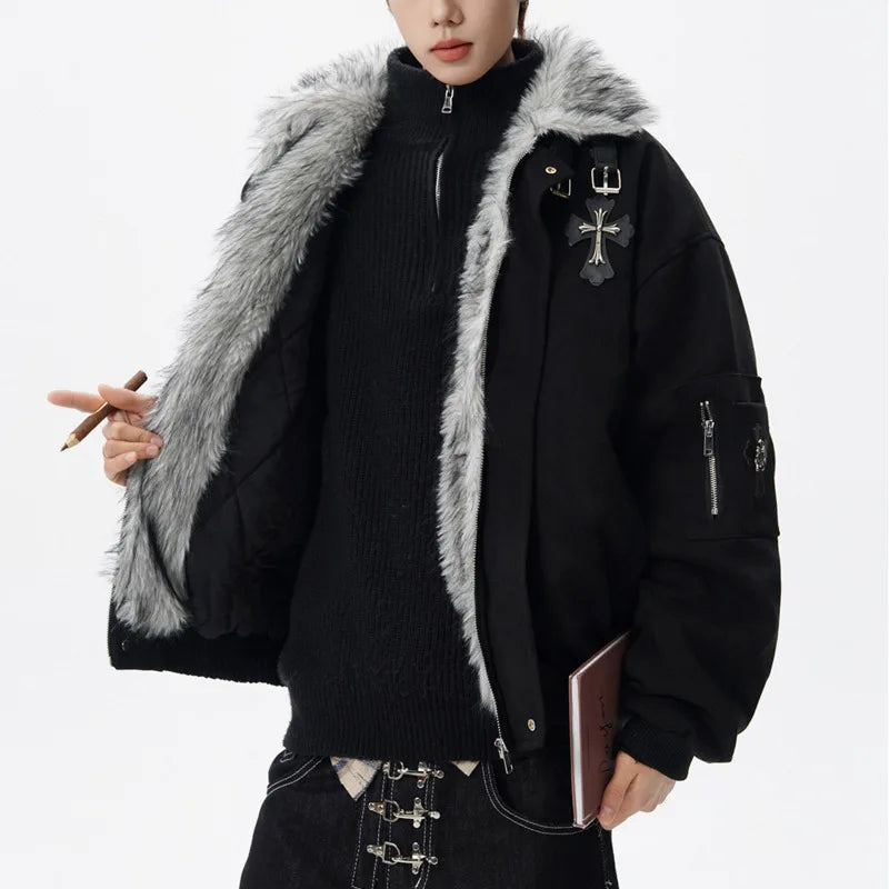 Y2K Versatile Faux Fur Collar Thick Cotton Jacket Coat