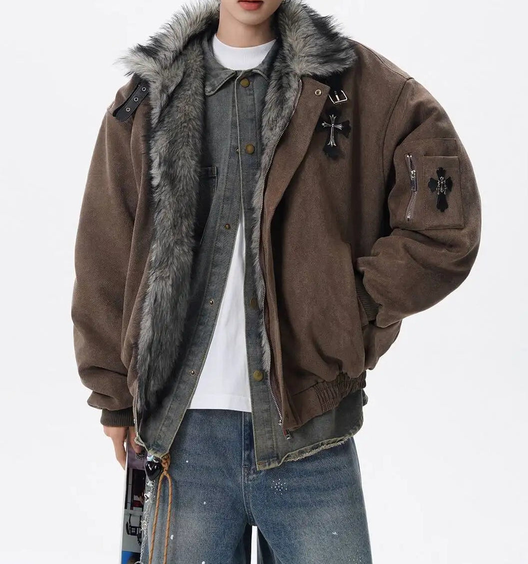 Y2K Versatile Faux Fur Collar Thick Cotton Jacket Coat