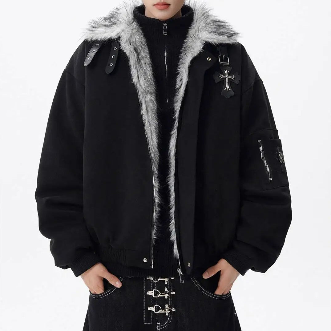 Y2K Versatile Faux Fur Collar Thick Cotton Jacket Coat