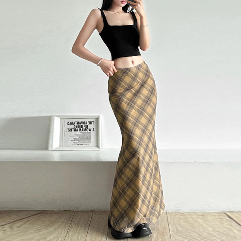Y2K Vintage Aesthetic Plaid High Waist Maxi Skirt