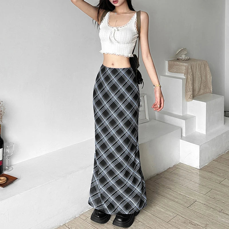 Y2K Vintage Aesthetic Plaid High Waist Maxi Skirt