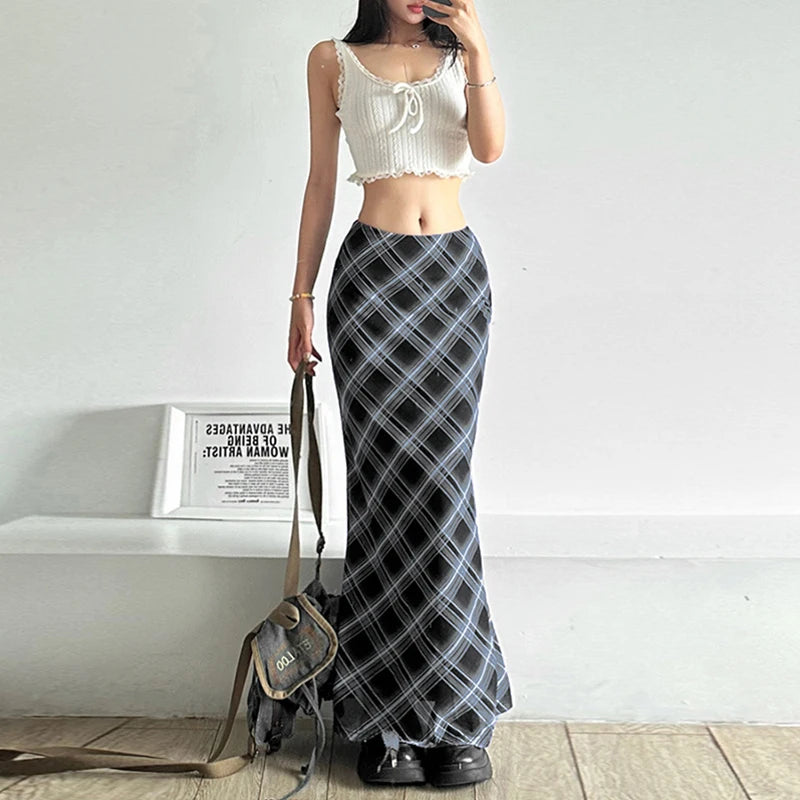 Y2K Vintage Aesthetic Plaid High Waist Maxi Skirt
