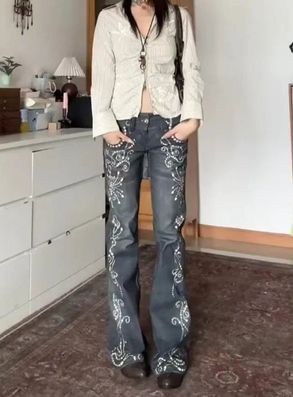 Y2K Vintage Aesthetic Print Flared Bootcut Jeans