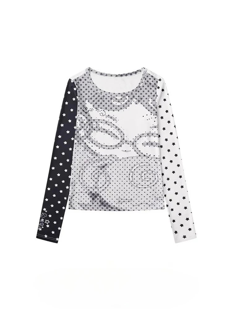Y2K Vintage Anime Womens Polka Dot Long Sleeve Top