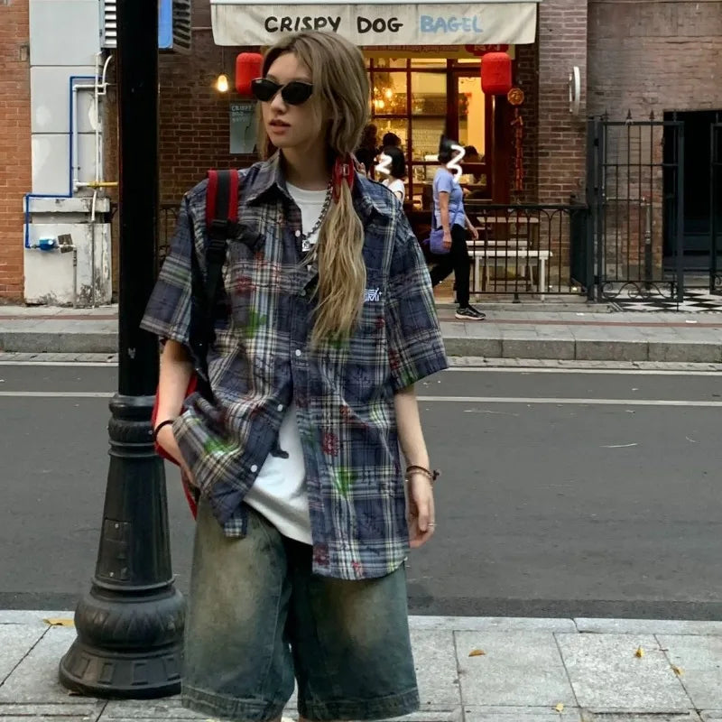 Y2K Vintage Blue Short Sleeve Plaid Flannel Button Up Shirt