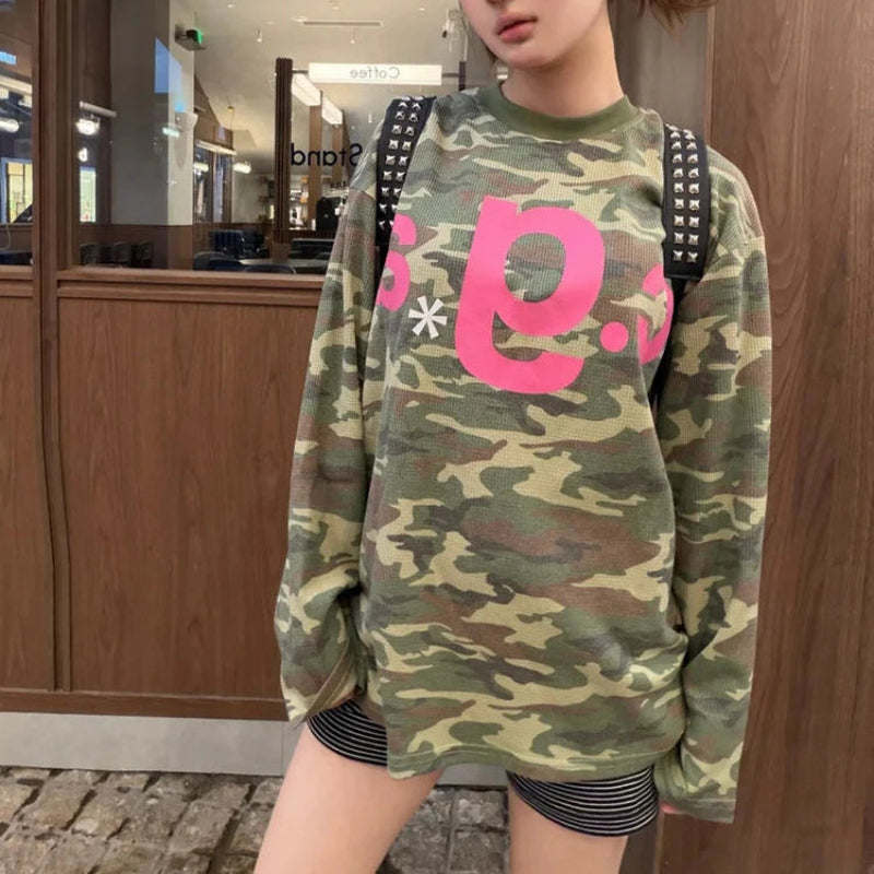 Y2K Vintage Camouflage Women Waffle Knit Long Sleeve Top