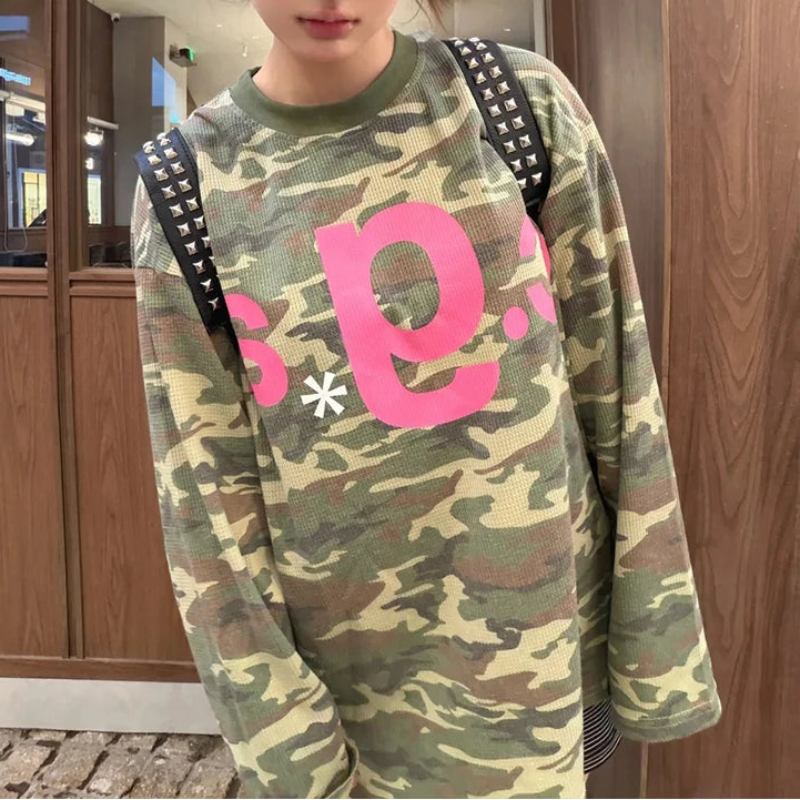Y2K Vintage Camouflage Women Waffle Knit Long Sleeve Top