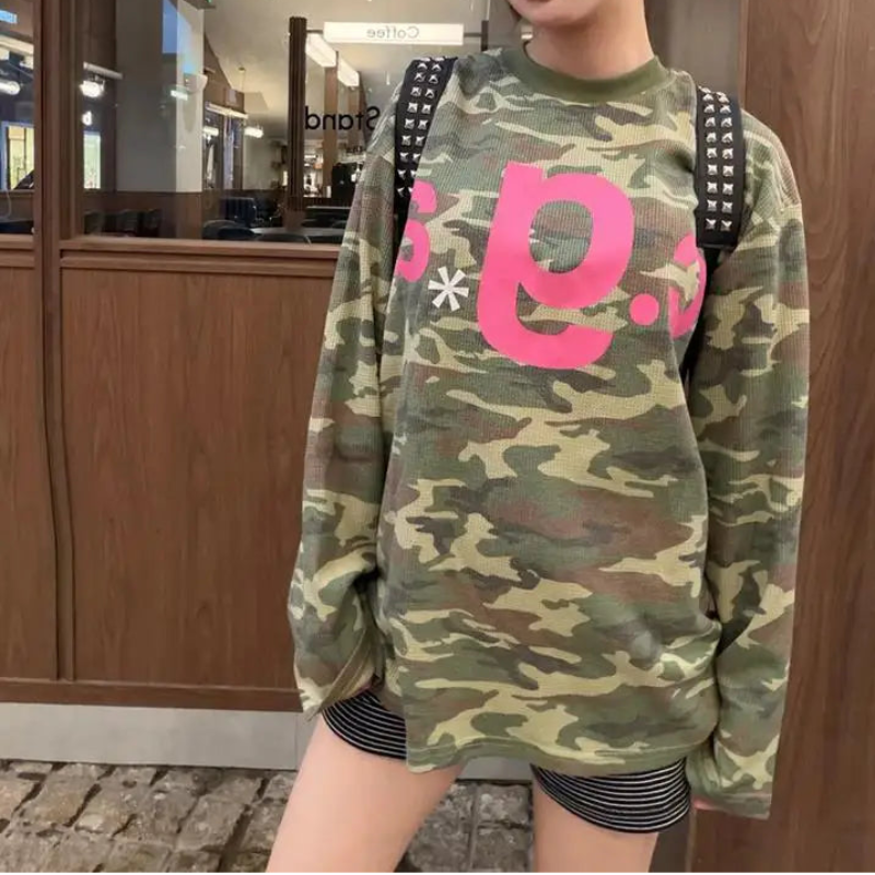 Y2K Vintage Camouflage Women Waffle Knit Long Sleeve Top