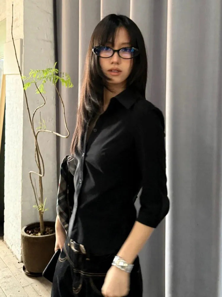 Y2K Vintage Casual Three Quarter Button Up Shirt