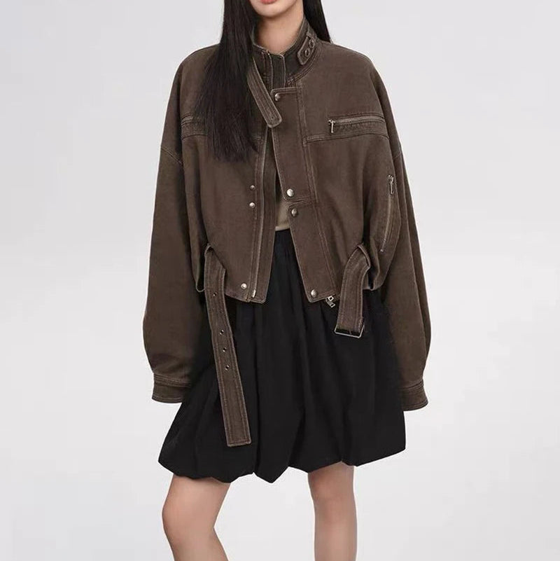 Y2K Vintage Crop Cargo Stand Collar Jacket