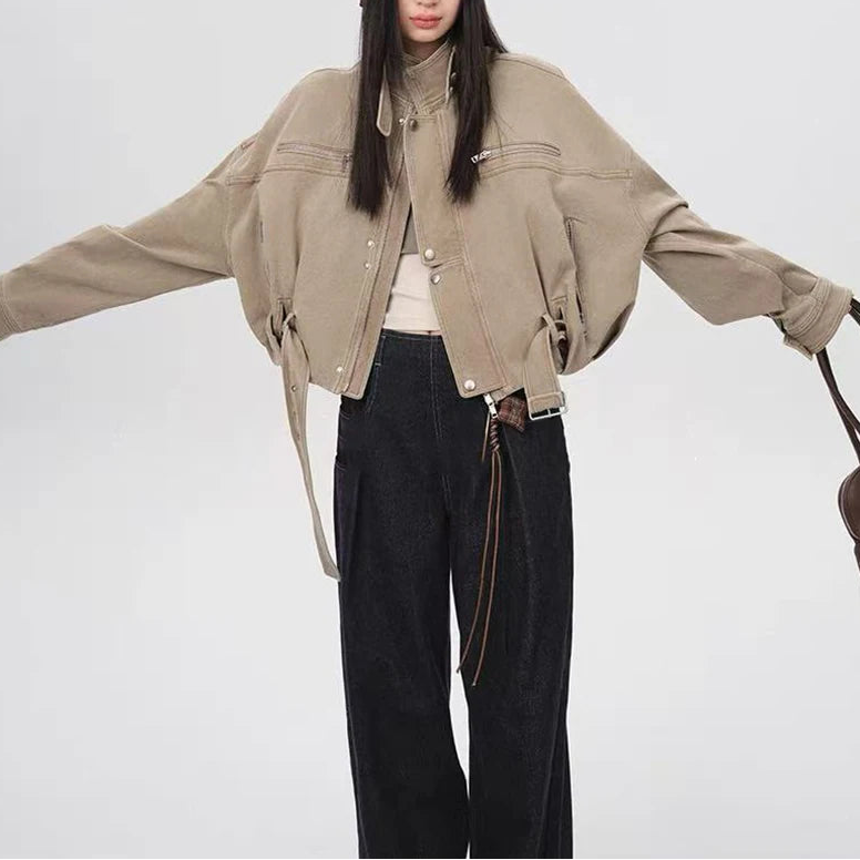 Y2K Vintage Crop Cargo Stand Collar Jacket