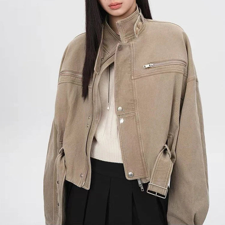 Y2K Vintage Crop Cargo Stand Collar Jacket