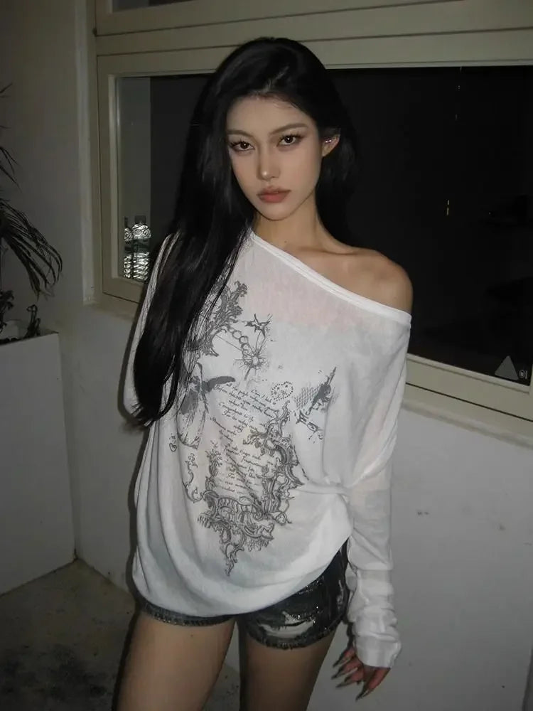 Y2K Vintage Dark Romance Graphic Long Sleeve Off Shoulder Top